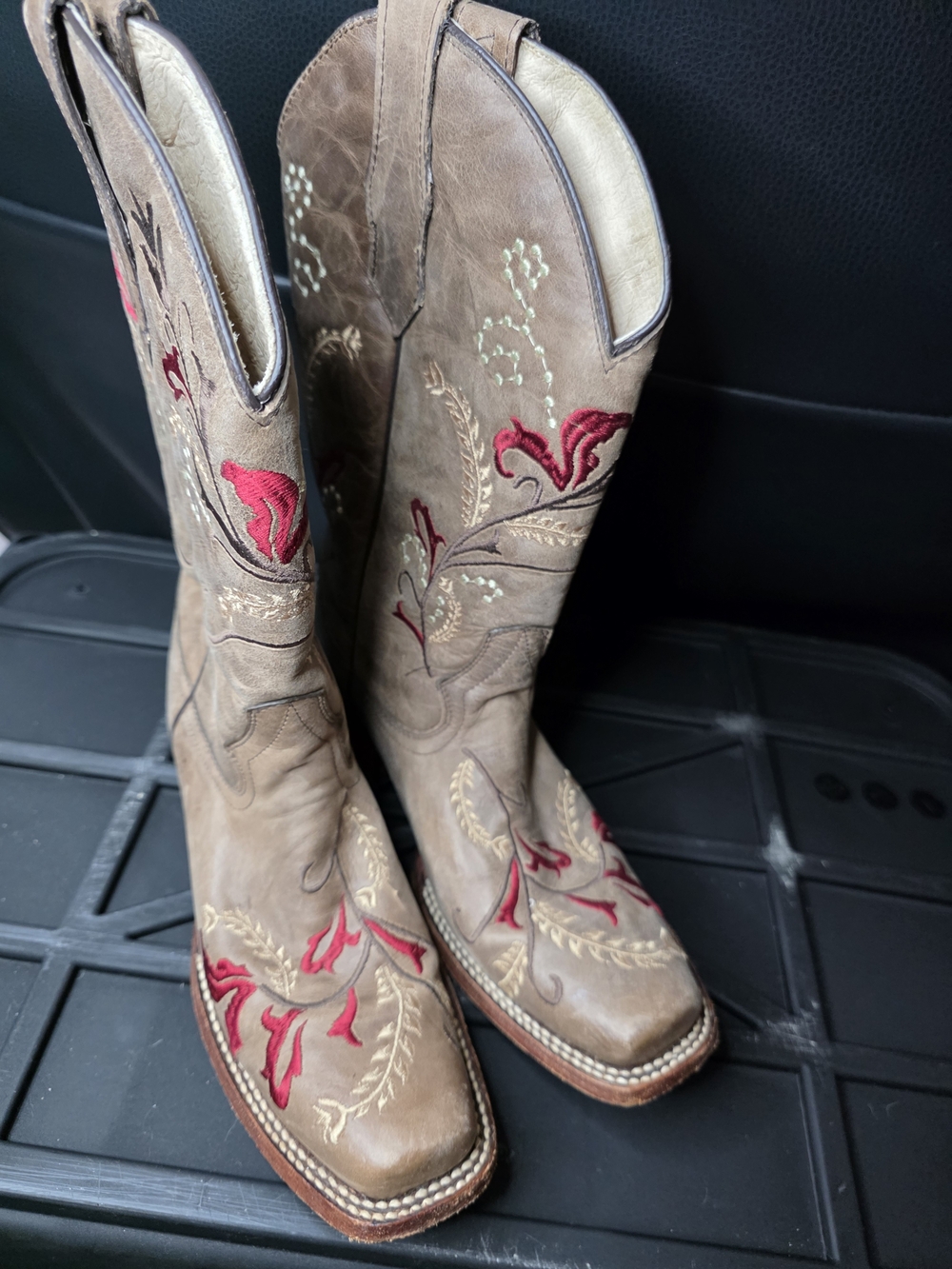 Women's Brown Embroidered Lace-Up Western Boots with Red Floral Detail